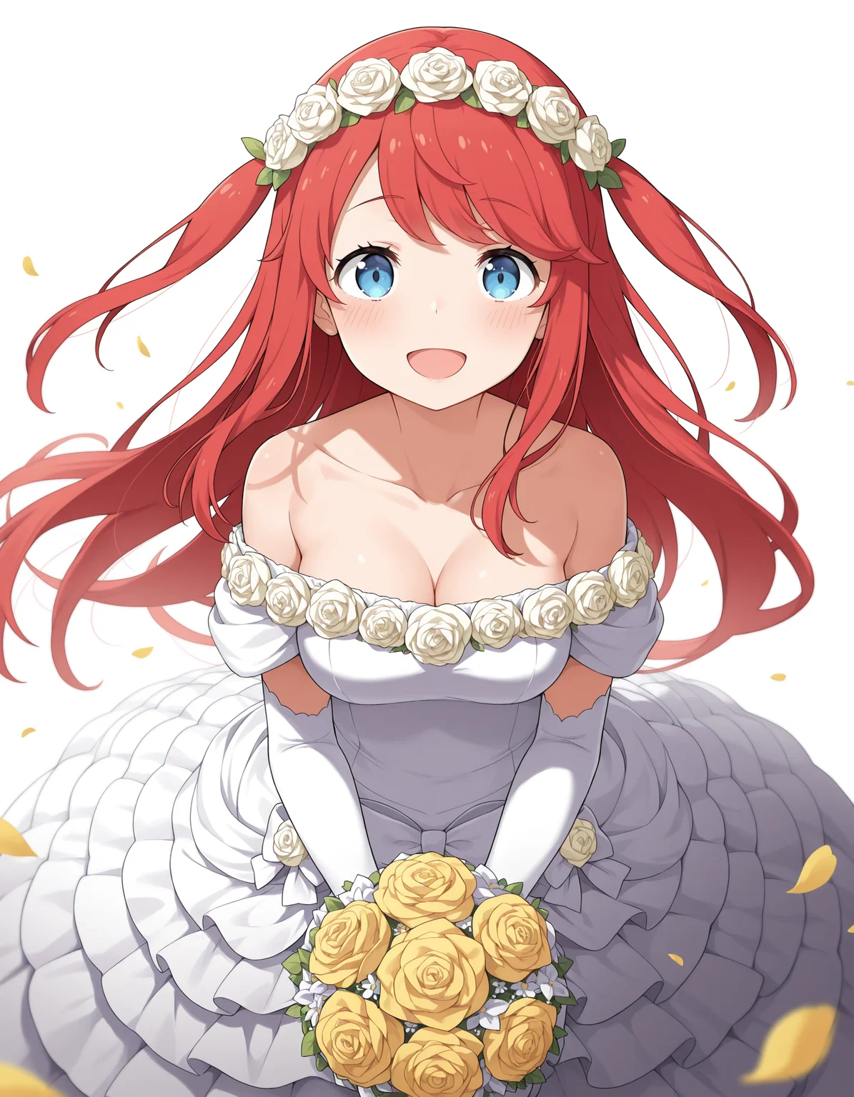 <lora:Theresia van Astrea Illu:1>
theresi4, 1girl, wedding dress, blue eyes, yellow flower, red hair, head wreath, smile, holding bouquet, long hair, white dress, yellow rose, petals, open mouth, off-shoulder dress, white rose, two side up, blush, looking at viewer, medium breasts, off shoulder, :d, cleavage, flower wreath, white flower, bridal gauntlets, collarbone, bare shoulders, layered dress, elbow gloves, hair ornament, dress bow, hair flower, white gloves, frilled dress, dress flower, bride, depth of field,
simple background, white background,, masterpiece, best quality, amazing quality