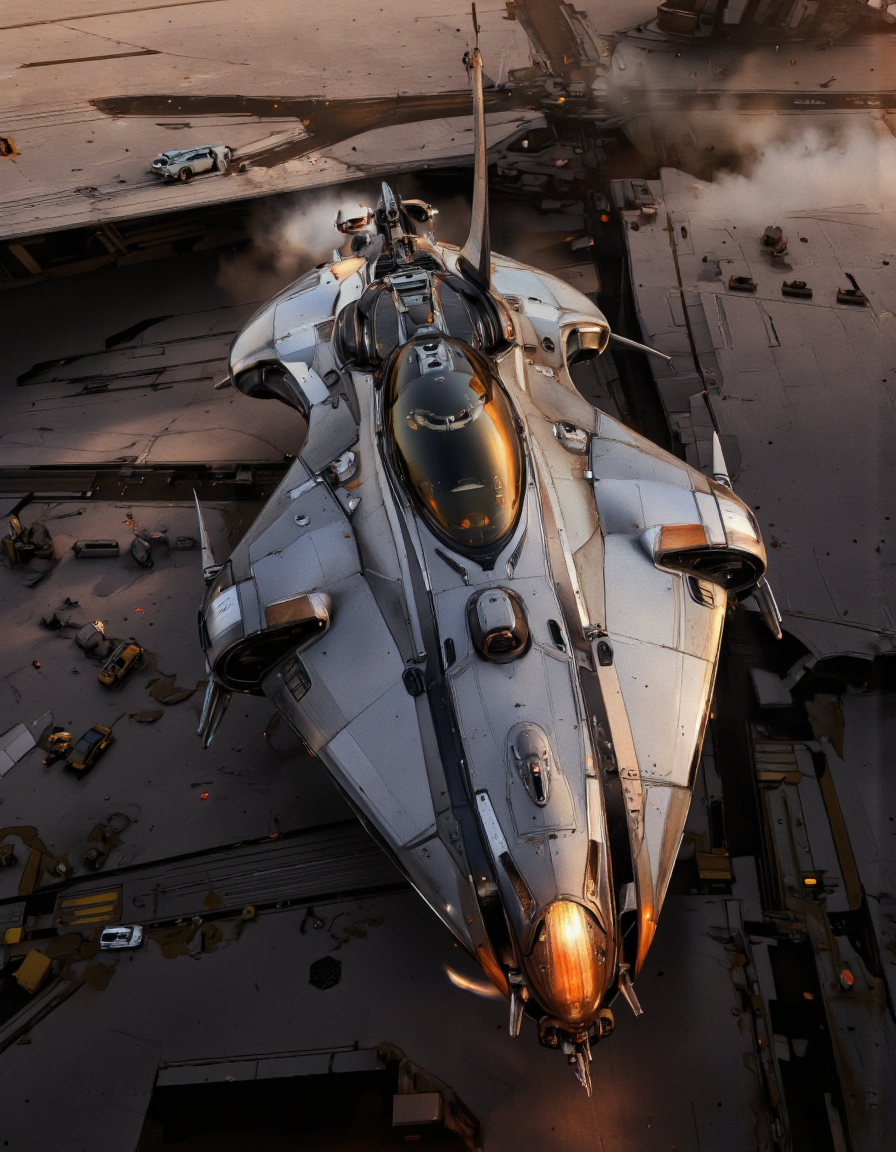 Art by Andrian Luchian. A futuristic, sleek, metallic spaceship flying over a futuristic cityscape at sunset. the spaceship is positioned in the center of the image, with its sleek, streamlined design standing out against the dark, industrial setting. it has a large, angular nose and a pointed nose, giving it a modern and sophisticated look. the spacecraft is illuminated by a warm, orange light, casting a soft glow on its metallic surface. the cityscape below is detailed with lines and geometric patterns, and there are several vehicles parked nearby, adding to the futuristic feel of the scene. the image is taken from a high angle, looking down on the spaceship, giving a sense of depth and perspective.