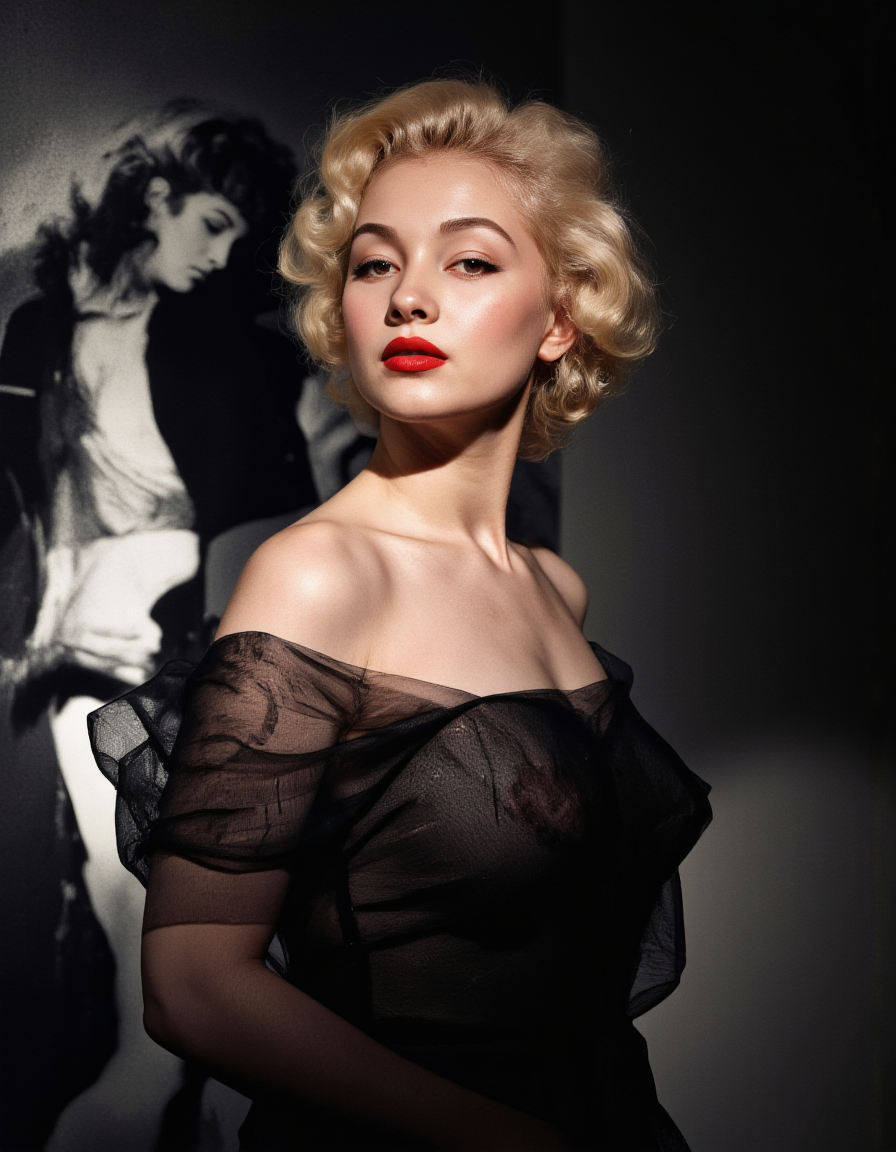 Silhouette Art, magnificent, photorealistic image in the style of a movie poster, crisp lines, a photograph of a stunning oriental young woman, blonde loose hair, red lips, scandalously sexy gauzy off-shoulder dress, transparent, sultry, alluring, facing viewer, upper body shot from the side, directional lighting, with an abstract dark backdrop, bokeh <lora:Vintage_Nudity_50s:1> This black-and-white photograph, likely from the 1950s