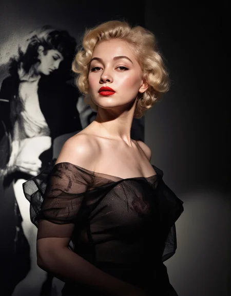 Silhouette Art, magnificent, photorealistic image in the style of a movie poster, crisp lines, a photograph of a stunning oriental young woman, blonde loose hair, red lips, scandalously sexy gauzy off-shoulder dress, transparent, sultry, alluring, facing viewer, upper body shot from the side, directional lighting, with an abstract dark backdrop, bokeh <lora:Vintage_Nudity_50s:1> This black-and-white photograph, likely from the 1950s