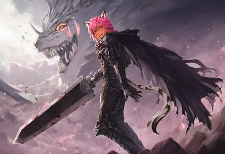 masterpiece, very aesthetic, anime screenshot, 1girl, Pink_PonyXL, DragonSlayerSword-Il.V1.0, black armor, shoulder armor, gauntlets, greaves, bandaged arm, black cape, torn cape, bright pink hair, cat ears, scar on nose, cat bell around neck, tanned, white tiger tail, small breasts, femine body, smiling, making a cute cat face, single fanged tooth showing, standing, looking at viewer, side view, wielding-dragonslayer, huge weapon, sword, holding sword, holding weapon, full body, zoomed in on pink_ponyxl, Dutch angle, cowboy shot
Break
City of hyrule, bright and sunny, happy adoring crowd