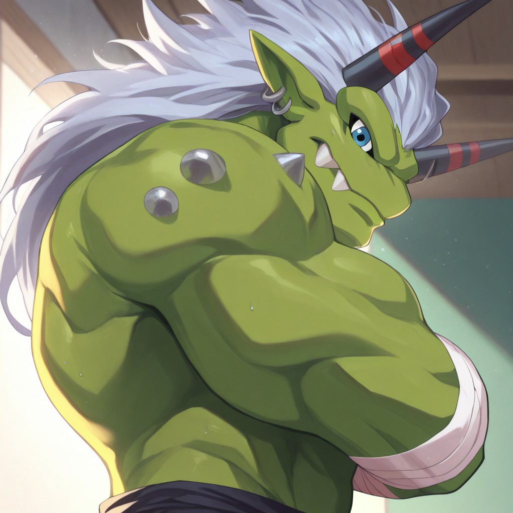High quality, good shots, ogre10101110, Ogremon, digimon, 1boy, solo, green skin, blue eyes, bandages, loincloth, horns, black horns, no nose, gym background, side angle shot, arms crossed, looking at viewer, upper body shot