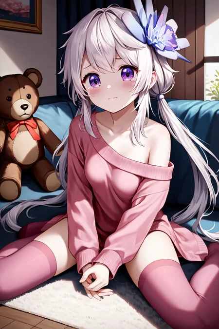 score_9, score_8_up, score_7_up, score_6_up, rating_questionable, source_anime, best quality, masterpiece, detailed background, detailed eyes, living room, pink sweater, off-shoulder, pink thighhighs, fur-lined thighhighs, sitting on floor, crying, cowboy shot, (holding a teddy bear), <lora:philia-xl-27:1.2>, philia, violet_eyes, long pigtails, stella hair ornament, small breasts,