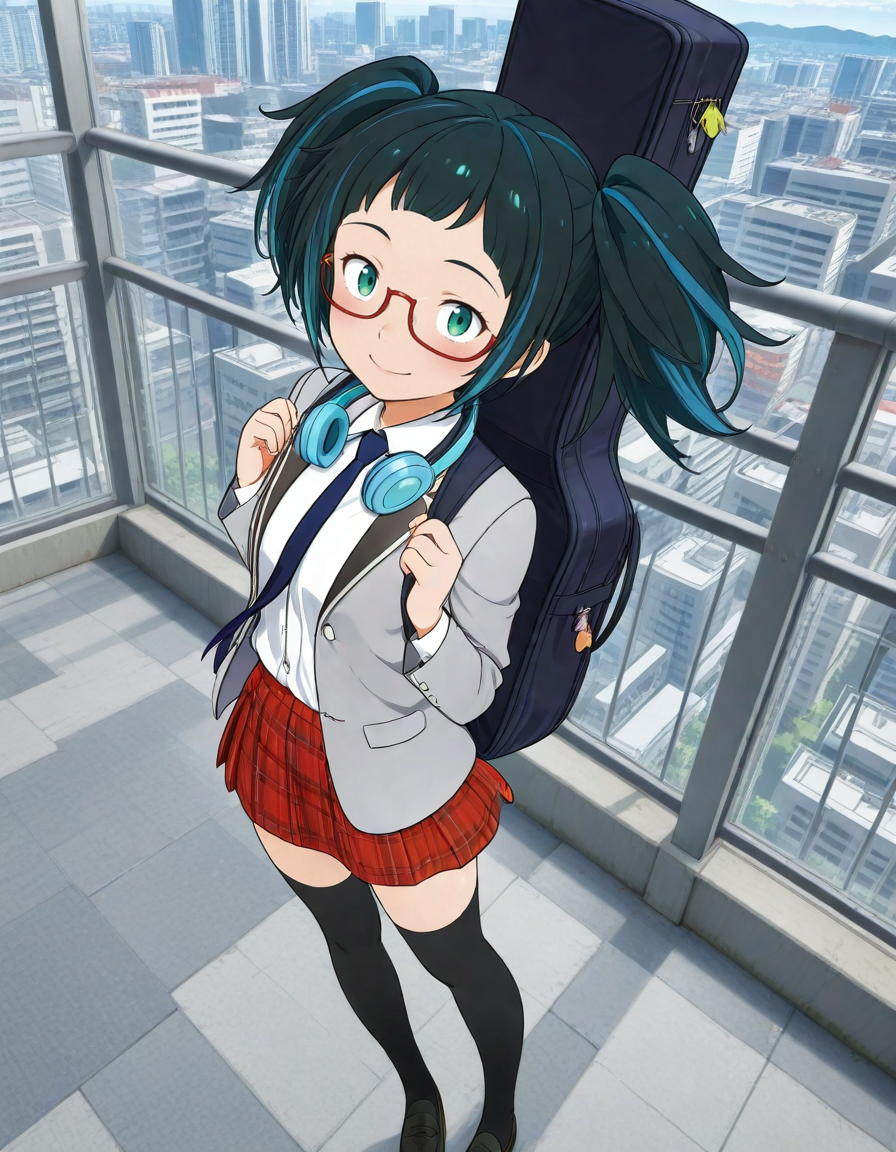 masterpiece,best quality,absurdres,official art,official style,source_anime,anime screencap,anime coloring,<lora:Hyper-SDXL-8steps-lora:1>,
<lora:uzumasa_IL:1>,onomisa, 1girl, solo, black hair, multicolored hair,streaked hair,blue hair, headphones around neck, glasses, under-rim eyewear, red-framed eyewear,  twintails, green eyes,school uniform, red skirt, black thighhighs, grey jacket,open jacket,plaid skirt,pleated skirt, blue necktie, white collared shirt, zettai ryouiki, black loafers, black guitar case, cityscape, looking at viewer, full body, from above,smile,blush,