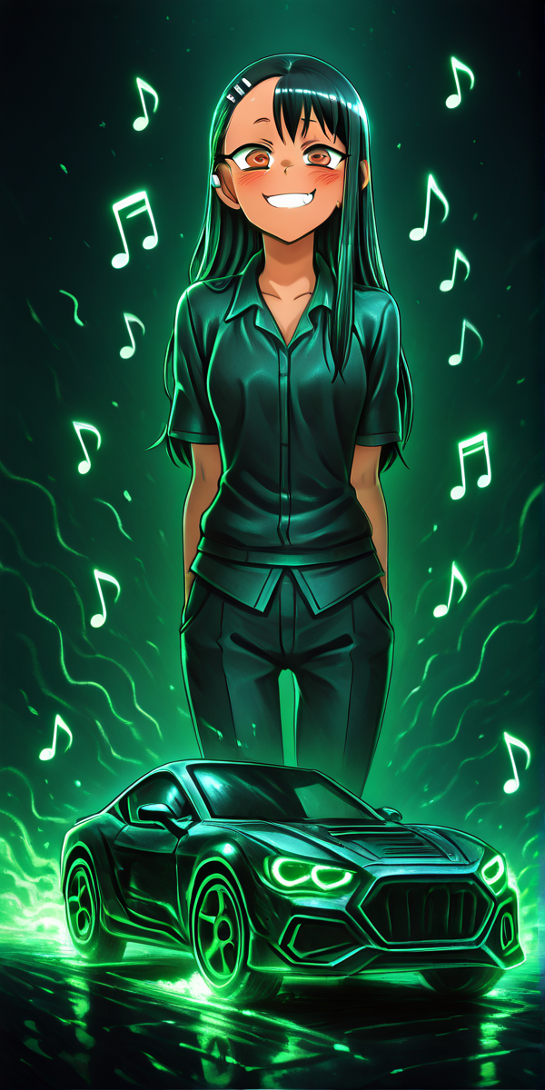masterpiece, best quality,   AdFF, car, green theme,  zzNagatoro, earclip, <lora:NagatoroNAI:0.7>, smile, looking at viewer,  (music notes),  <lora:AudioFileFuture_IXL_v1:1.0>,