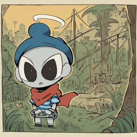 score_9,score_8_up, by Simon Hutt and Fujiko Fujio \(skchkko\), (solo:1.2), 1mutant, Insects humanoid, pale grey skin, Scenery, tired eyes, Red pupils, hidden nose, sharp teeth, Insect antenna, power lines, no humans, Blue Beret Cap, bandage arms, Blue striped simple Sweater Button Up robe, red Scarf, white halo, barbwire collar, shackles on wrist, excited and Screaming, Slightly Side View, Jungle, Artist by Alexis Beaumont and Hiroyuki Imaishi, France hand drawn art, hand drawn illustration, Style of Yoojeong Bae and Fujiko Fujio, Flat 2D Art Style, Thick lineart, Art Style of Wuye Changjie and Hiroyuki Imaishi, Jungsu Lee parody, <lora:Alternative_lora:0.7>,<lora:TakeichiAbarayaArtistStyle_v10:0.2>, <lora:AlexisBeaumont-10:0.8>, <lora:SilviaDeVenturaArtist-19:0.2>, <lora:LewisTrondheimXLP_Style:1>, <lora:Kim_Pong_PongV2:0.9>, <lora: Powerpuff_Girls-XL:1>, <lora:Mutafukaz-000044:0.8>