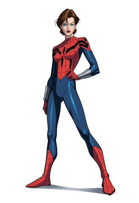 score_8, score_8_up, score_7_up, 1girl, female focus, solo, source_cartoon, spectacular spider-man, Mayday_MC2, blue eyes, brown hair, asymmetrical hair, bob cut, lipstick, SGMC2, mask removed, bodysuit, print body suit, spider web print, bracers, gloves, superhero, looking at viewer, full body, standing, legs apart, (leaning forward:0.5), \M/, simple background, white background