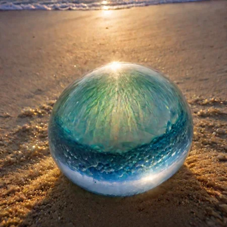 macrophotography,extreme close up of (perfectly spheric glass ball) partially buried in sand beach at sunset, Sunset beams on the windblown sand through glass, <lora:EnvyRefractionXL01:1>, This should be a ((masterpiece)) with a ((best_quality)) in ultra-high resolution, both ((4K)) and ((8K)), incorporating ((HDR)) for vividness. It uses a ((Kodak Portra 400)) lens for timeless, professional quality. Emphasizes a ((blurred background)) with a touch of ((bokeh)) and ((lens flare)) for an artistic effect. Enhance ((vibrant colors)) for a vivid look. Make sure the photograph is ((ultra-detailed)) and shows ((absurd)) details. Pay special attention to capturing the ((sadness)) of the subject. The goal is to create a ((professional photograph)) that is visually stunning and technically excellent, fluorescent dust, glowing dust