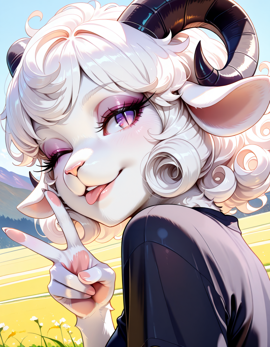 masterpiece, best quality, very aesthetic, absurdres,
outdoors, 
upper body, headshot, face focus,
looking back, one eye closed, tongue out, v, 
black shirt, 
seductive smile, parted lips, long eyelashes,
<lora:Dolly_v02_NAIXL:1>
Dolly,1girl, solo, furry female, sheep girl, sheep ears, black horns, short curly hair, white hair, purple eyes, slit pupils, animal nose, body fur, white fur,