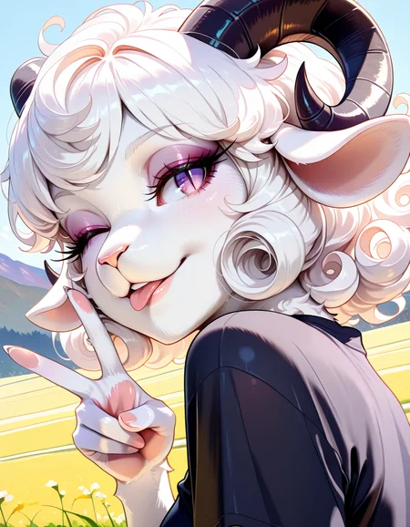 masterpiece, best quality, very aesthetic, absurdres,
outdoors,
upper body, headshot, face focus,
looking back, one eye closed, tongue out, v,
black shirt,
seductive smile, parted lips, long eyelashes,
<lora:Dolly_v02_NAIXL:1>
Dolly,1girl, solo, furry female, sheep girl, sheep ears, black horns, short curly hair, white hair, purple eyes, slit pupils, animal nose, body fur, white fur,