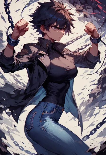 score_9, score_8_up, score_7_up, monochromatic ink, 1girl, determined, tomboy, black jacket, tight jeans, chain, fighting pose, dynamic background, slim, thin, large breasts, masterpiece, detailed face