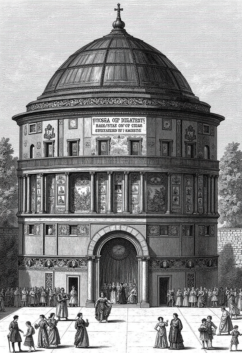 An aquatint etching of William Shakespeare's Globe Theatre in London, filled with Elizabethan-era performers and patrons.