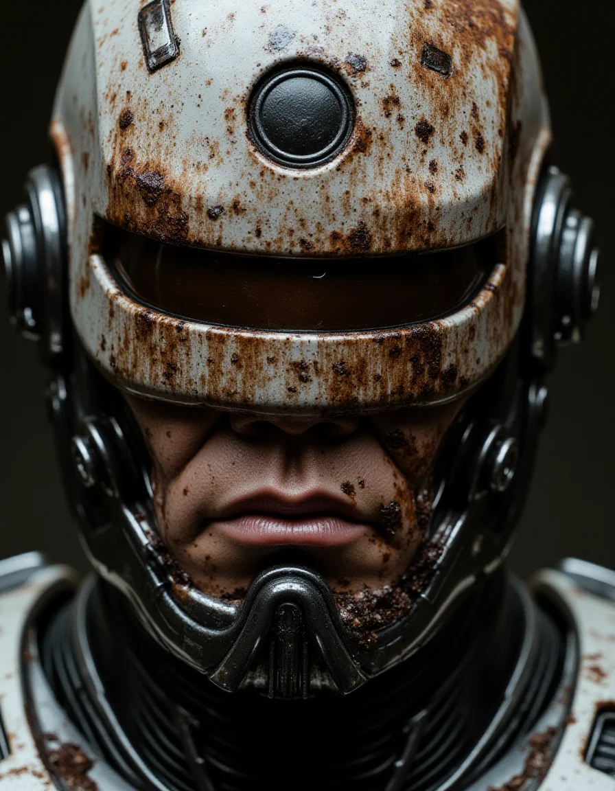 establishing shot, fuji superi400, gel lighting, Macro Photography, glitch style, Anxious and radiant, lumix gh5 digital, ilford hp5 plus b&w, ((a close-up establishing shot)) robocop, a dilapidated Nathan Fillion with mechanical armor, stained with blood and dust. studio metal textures, Three-Eyed, damaged implants. futuristic dystopian enchanted, aggressive lighting with Personal glare. darksyber Abhorrent, photorealistic style, full-length Studio shot, (central african:1.15) , (Lavender lips:1.05) , (Stool eyebrows:1.05) , (electric pink mouth:1.05) , square with -buildfacepart- jaw face-shape, (braided hair style:1.05) , (Trendy hair color:1.05) , (flyweight hair length:1.05) , A close up view of the face of a robot. The robot's face is covered in DayGlo and Chestnut paint. The nose of the robot are covered in Flowery electric orange paint. There is a large circle in the center of the The Waterbending Scroll that is black in color. There are ridges of the metal around the robot's neck and around the neck. The figure's neck is made up of a series of ridges and bumps that run vertically. The face of the figure is covered by the highly detail paint.