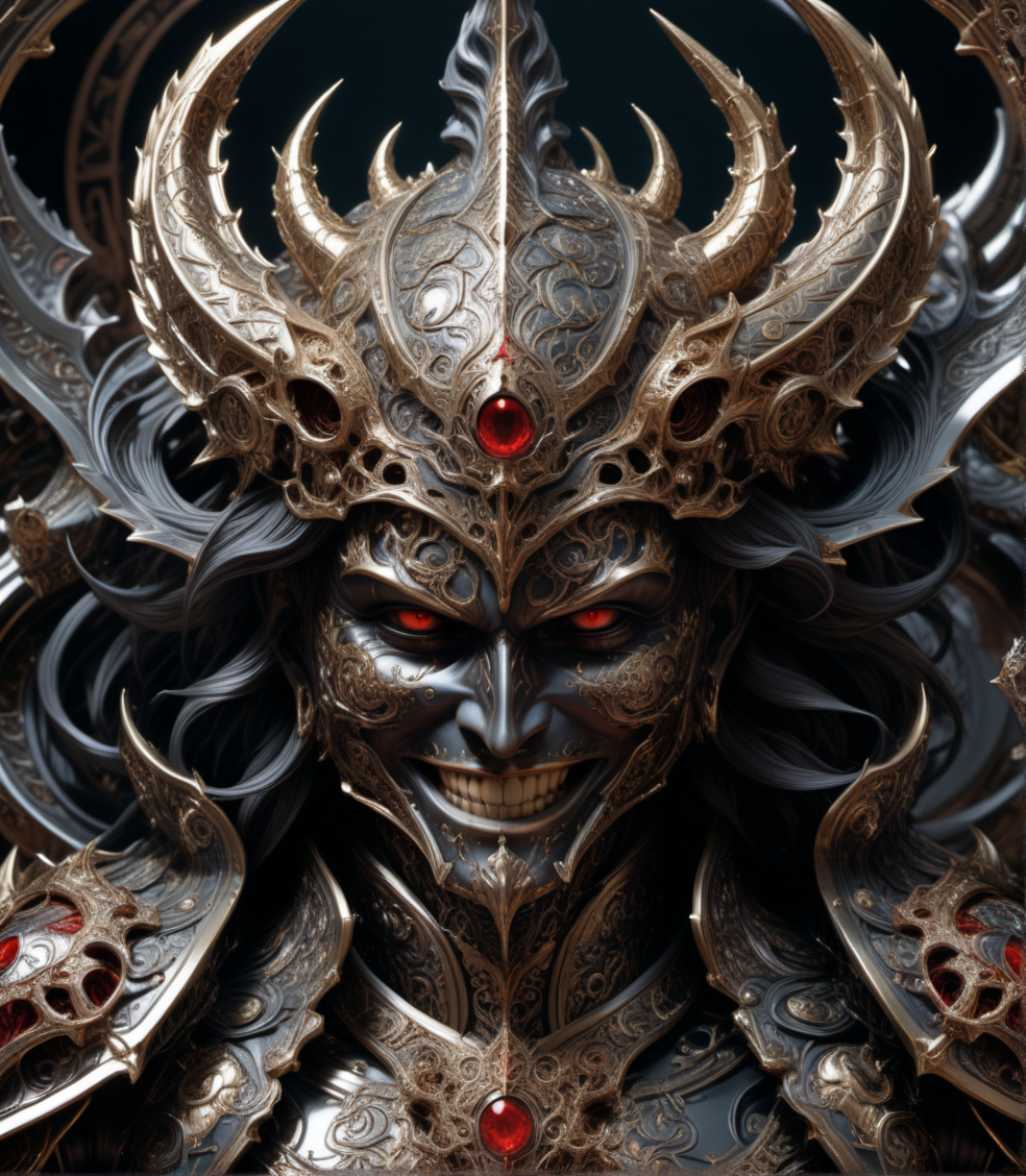 <lora:KarolBakXL:0.6>,kbak style,evil armored god,vivid,smile,malicious intent,epic,, 8k uhd,absurd res,ultra detailed,masterpiece,awardwinning,sharp focus,intricate detail,50mm lens