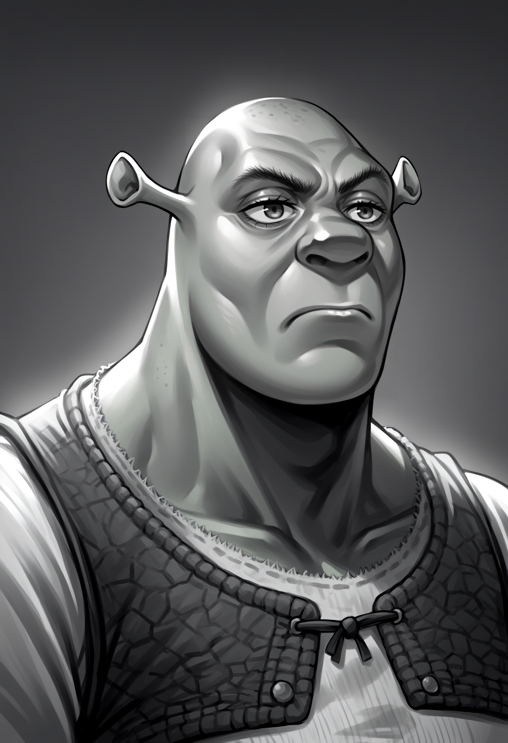 score_9, score_8_up, source_anime, shrek, green skin, <lora:Shrek_XLPD:1>, upper body, monochrome, greyscale, expressionless, muscular,