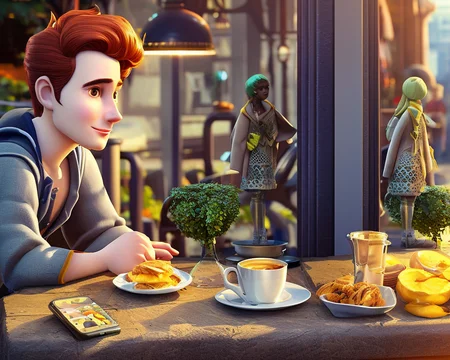 a young man working morning in a street cafe in the european town, cartoonish_doll