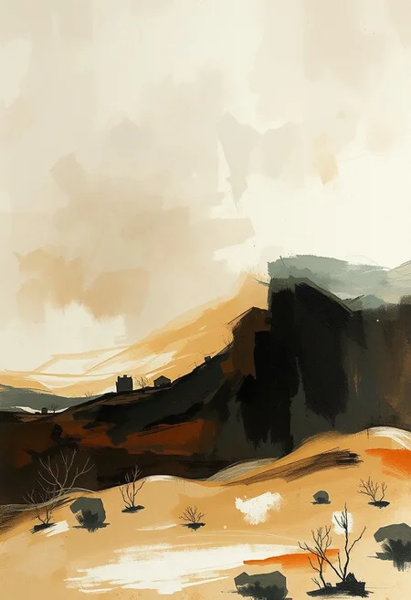 A windswept landscape, expressive landscape painting meets organic architectural minimalism, gestural abstraction fused with fluid structural form, atmospheric textures with flowing geometric rhythm, emotional environments blending built and natural elements, earthy painterly tones with light-filled modern design, poetic solitude in abstracted urban space, textured brushwork meets conceptual transparency, spontaneous composition with architectural precision, moody impressionism merged with soft, curved spatial design, memory-driven spaces with contemporary lightness, meditative tone, natural form in structural abstraction