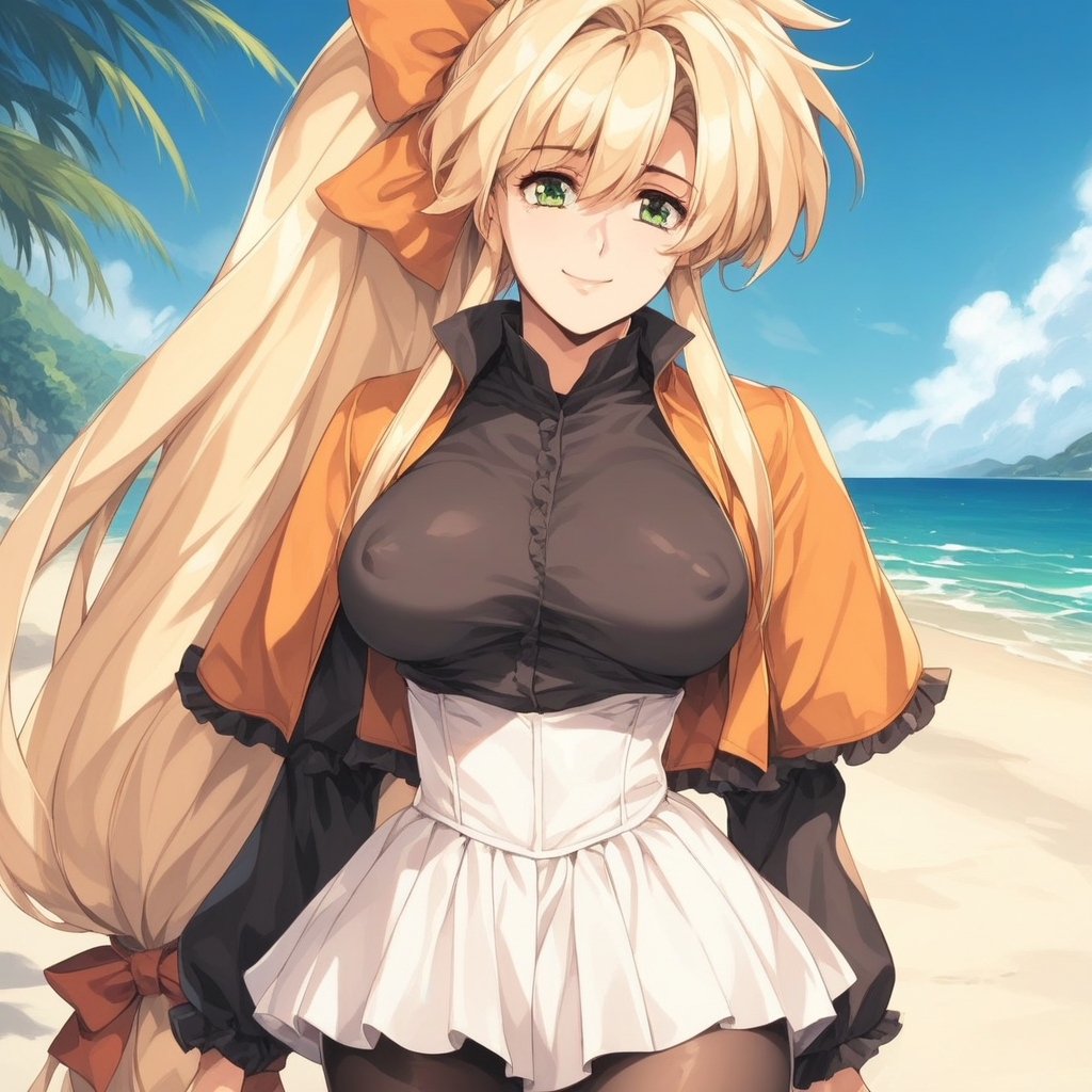 fr0nt1nn0c3ntStyl3, Style: Front Innocent, Artist Style: Urushihara Satoshi, 1girl, masterpiece, highres, high quality, fantasy, score_9, score_8_up, score_7_up, score_6, source_anime, rating_lewd, cowboy shot, mature female, Faye_(Front_Innocent), BREAK, beach, (covered nipples), seductive smile, smile BREAK, , BREAK, Faye, blonde hair,very long hair,high ponytail,very long sidelocks,hair bow,green eyes, dress,black shirt,orange vest,long_sleeves, white skirt,frills, black pantyhose, short boots,