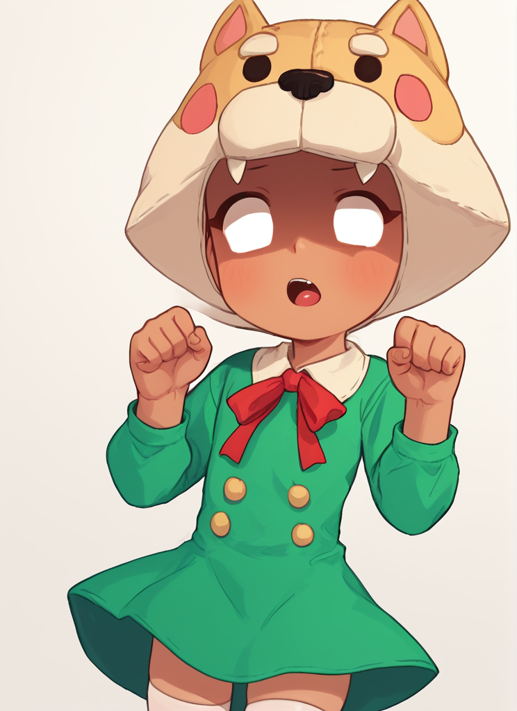 ,score_9, score_8_up, score_7_up, BREAK,   <lora:shinita:1>shinita    ,dog headwear, red ribbon, shinita, 1girl, solo, dark-skinned female,  open mouth,  dog headwear  , shaded face, no  pupils,  green dress , red ribbon, , long sleeves,  <lora:PossumMachine:1>posmach   , White long stockings