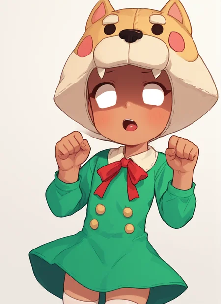 ,score_9, score_8_up, score_7_up, BREAK, <lora:shinita:1>shinita ,dog headwear, red ribbon, shinita, 1girl, solo, dark-skinned female, open mouth, dog headwear , shaded face, no pupils, green dress , red ribbon, , long sleeves, <lora:PossumMachine:1>posmach , White long stockings