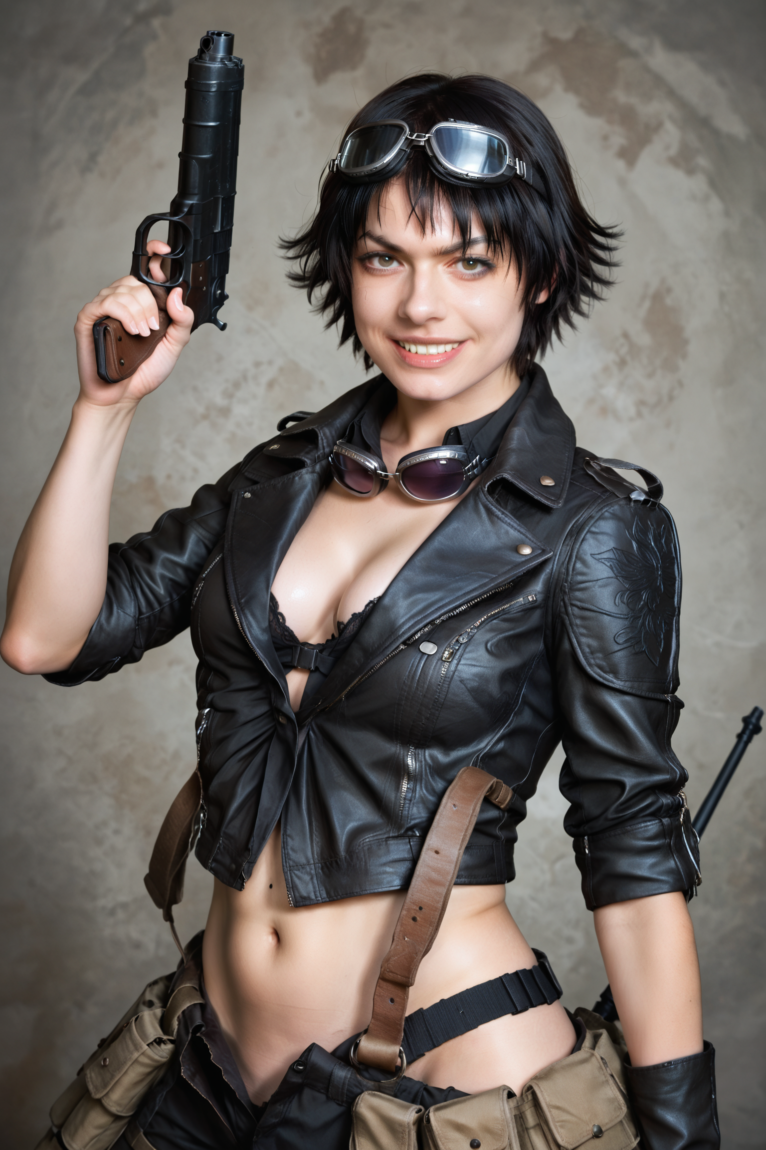 LADY (DEVIL MAY CRY), 1girl, solo, breasts, looking at viewer, smile, short hair, black hair, cleavage, jacket, weapon, grin, gun, cosplay, scar, goggles, realistic, goggles around neck