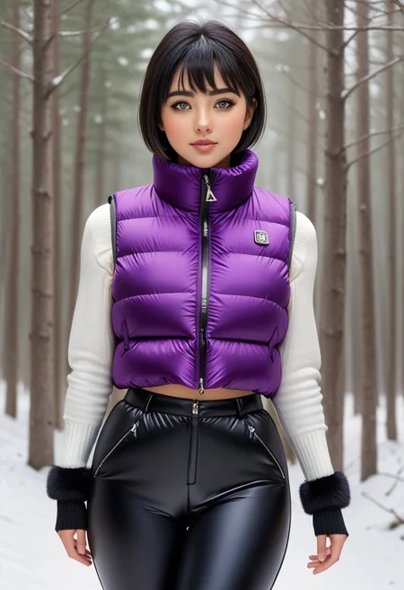 ((((puffer padded vest)))), ((((puffer padded vest)))), ((((full body)))), ((((fur boots)))), ((((puffer pants)))), winter, snow, forest, 1girl, solo, (masterpiece), detailed face, detailed eyes, (beautiful detailed eyes:1.5), sidelighting, (super detail, hyper detail, intricate_details, detailed), (semi realistic:1.6), (Bob cut), blunt bangs,(black hair), (purple eyes, eyelashs), smug smile, angry face, golden armlets, padded collar, Thick padded collar, <lora:Collar-SDXL:0.6>, <lora:cropped_puffer_vest_v2:0.4>, <lora:snowpants_v1:0.4>