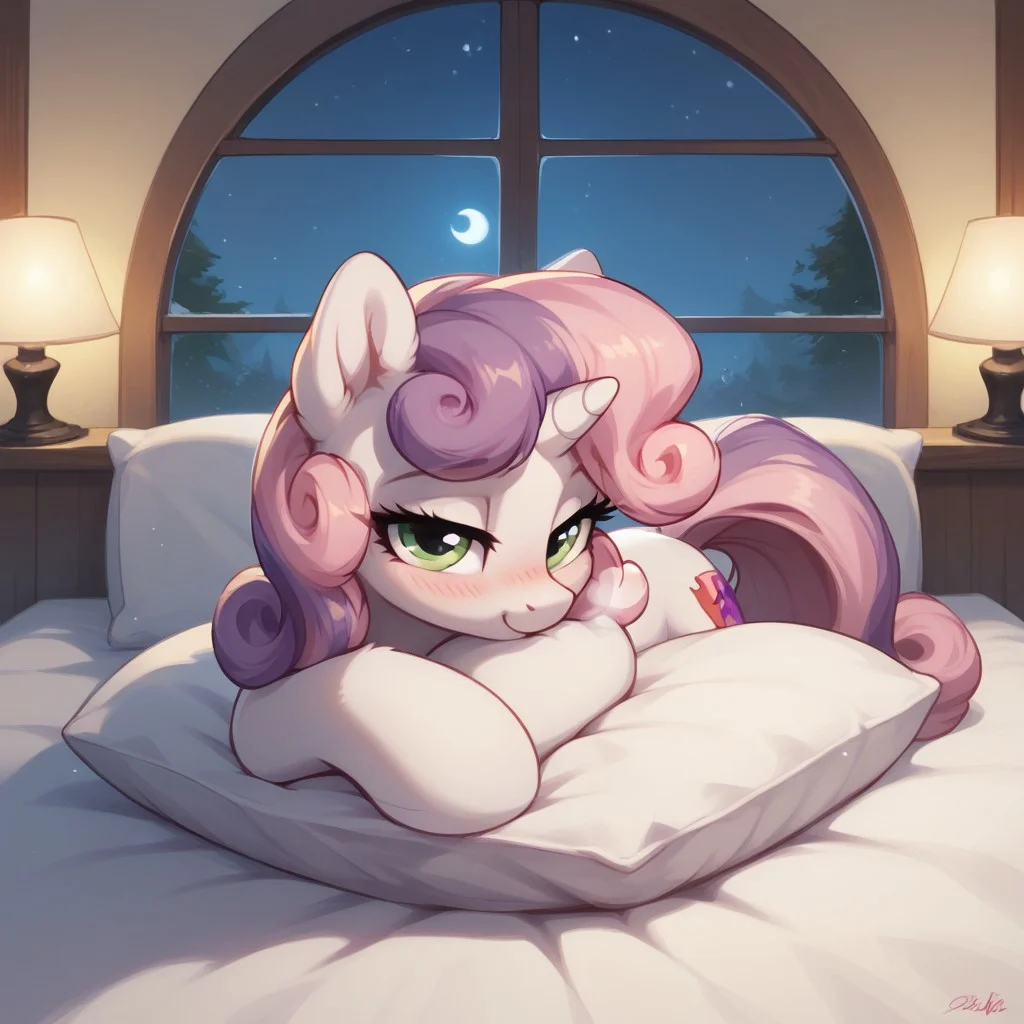score_9,score_8_up,score_7_up,score_6_up, solo, Expressiveh, source_pony,1girl:1.4, pony, my little pony, full body:1.4, sweetie belle,pony, blushing, mouth slightly open, panting, visible breath, bedroom eyes, on bed, lying on stomach, from the front, front legs crossed, head resting on pillow, adorable, full body, looking at viewer, high angle, incredible detail, indoors, window, night, night sky, moon, stars