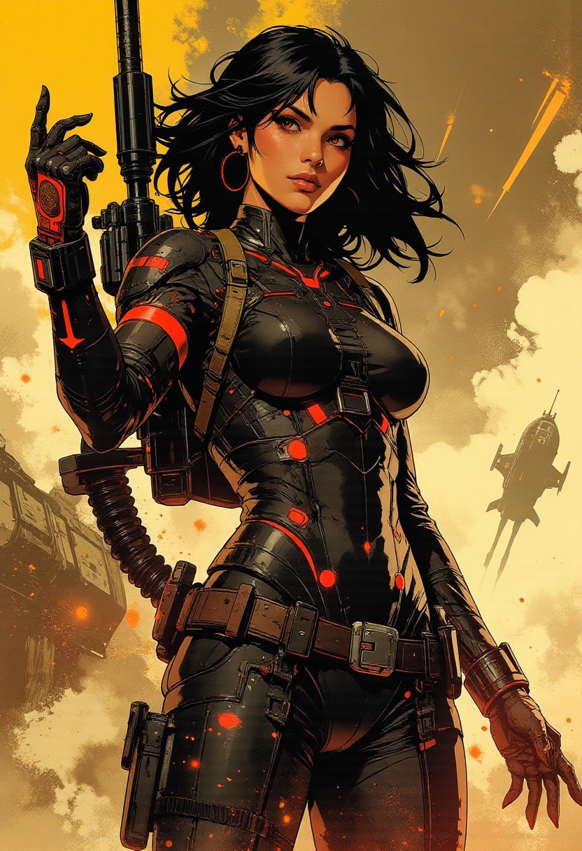 in the style of ck-mgs, nistyle, Inkplash art on rice paper, sepia, henna, Silhouette Art, magnificent, inksplash, closeup portrait, female bounty hunter, flowing black hair, reflective black and neon red armor, futuristic armor, sexy, curvy, large breasts, large ass, a rifle strapped to her back, holstered pistol, holding hand up, abstract background suggesting a harsh desert world, Spaceships flying overhead, dust storm, windy, 
Cowboy Shot, close up,
