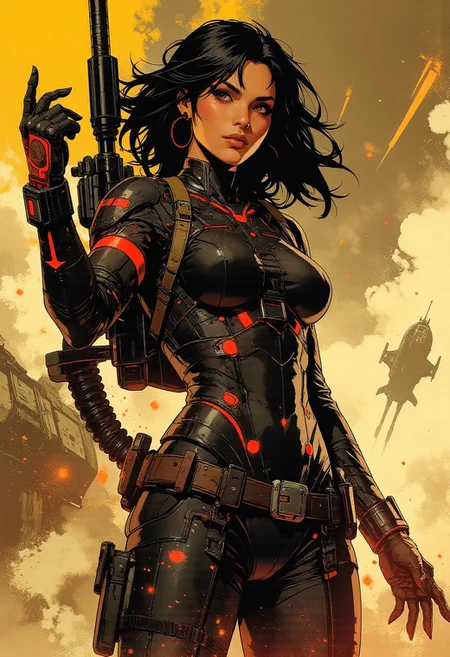in the style of ck-mgs, nistyle, Inkplash art on rice paper, sepia, henna, Silhouette Art, magnificent, inksplash, closeup portrait, female bounty hunter, flowing black hair, reflective black and neon red armor, futuristic armor, sexy, curvy, large breasts, large ass, a rifle strapped to her back, holstered pistol, holding hand up, abstract background suggesting a harsh desert world, Spaceships flying overhead, dust storm, windy, 
Cowboy Shot, close up,