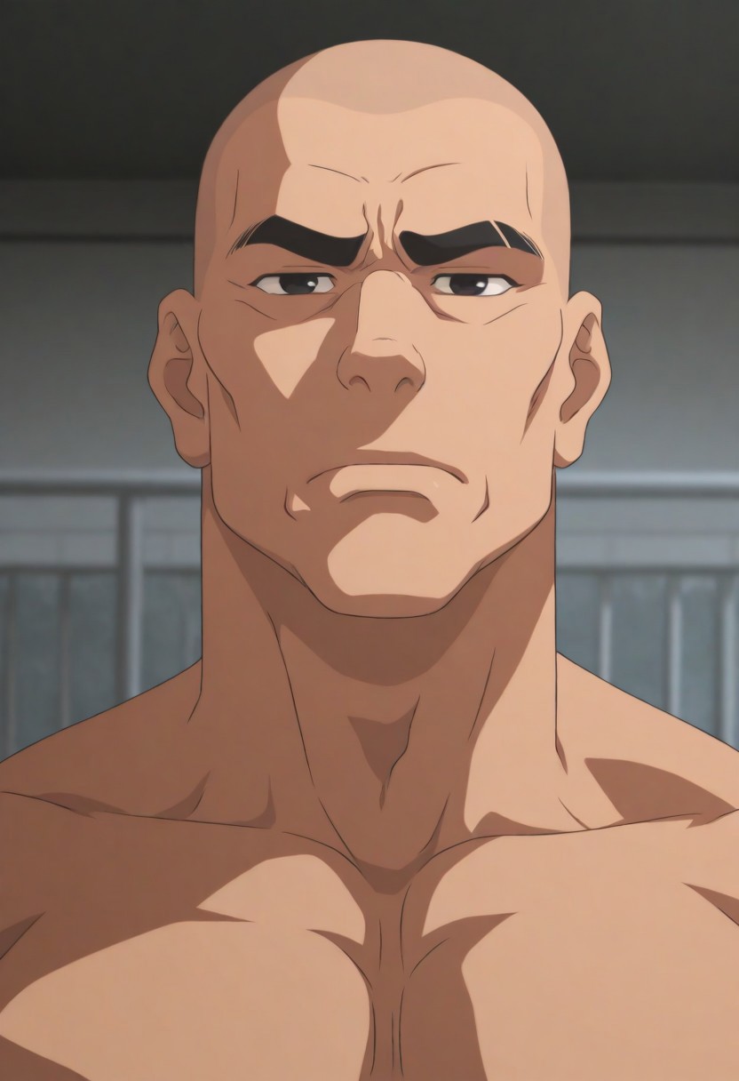 zahezahe, solo, looking at viewer, 1boy, closed mouth, male focus, outdoors, blurry, black eyes, blurry background, frown, thick eyebrows, muscular male, serious, railing, bald, animification, anime coloring, indoors, meme, scene reference
