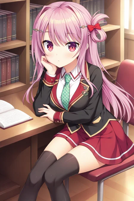 masterpiece,best quality,amazing quality,highres,scenery,newest,1girl,official style,kaguya,hair ornament,bangs,hairclip,pink hair,long hair,hair between eyes,bow,hair bow,red bow,hair intakes,red eyes,hair bun,kaguya school,skirt,red skirt,white shirt,jacket,shirt,necktie,pleated skirt,black jacket,collared shirt,plaid necktie,school uniform,hairclip,hair rings,medium breasts,green necktie,blazer,one side up,black thighhighs,<lora:AMBITIOUS-kaguya-V1:1>,library,hand rest,looking at viewer,desk,legs under desk,sitting,