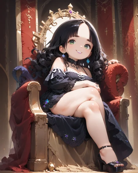 score_9, score_8_up, score_7_up, score_6_up, source_anime, rating_safe, ah1, 1girl, (curly hair), long hair, (black hair), mature female, (parted hair:1.7), (round face), (no_bangs:1.3), (no_fringe:1.6), looking at viewer, (thick eyebrows), (curvy), round-chin, (greenish hazel eyes), caucasian, (downturned eyes), <lora:ETO_OCPonyXL:0.5> eto_oc, skindentation, plump, thick thighs, wide hips, busty, voluptuous, kinky curls, lips, bad-hands-5, (sitting on a throne, a wicked grin under a heavy crown), (in Elven Library with Ancient Scrolls and Elaborate Bookshelves), ((crossed legs)), <lora:venus body PonyXL:0.8>, <lora:xl_more_art-full_v1:0.4>, <lora:shinyskin2:0.3> glistening skin, <lora:aesthetic_anime_v1s:0.4>, <lora:Expressive_H:0.4> Expressiveh, <lora:hairdetailpxl:0.4> hairdetailpxl, <lora:EpicF4nta5yXL:0.4>, <lora:detailxl:0.4> detailxl, <lora:Fant5yP0ny:0.4>, best quality, amazing quality, best aesthetic, absurdres, <lora:expressive eyes:0.4> expressive eyes, (from below, from side (focus on knees)), <lora:eyedetailpxl:0.4> eyedetailpxl, elegant gothic girl, dark victorian, long-sleeve top with trumpet sleeves, maxi skirt with gothic patterns, gothic dress, patterned stockings, wedge heels with dark accents, deep purple lipstick, smokey eyeshadow, dramatic eyeliner, black nail polish, pale skin, gothic rings,