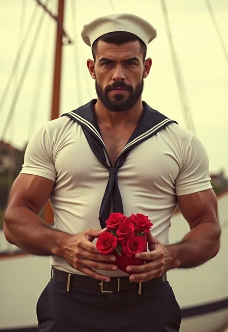 Analogue medium shot, 1960s editorial, sepia tone, of a heavyweight champion burly male sailor, he stands in front navy ship looking at viewer, he is wearing traditional sailor uniform, but his shorts are very short. his shirt fits tightly over his muscular physique and and broad chest. His mustache and eyebrows make him seem gentle but his dense beard gives him a dominating appearance. He holds a heart shaped box, along with a lover letter and roses. Convey the feeling of nostalgia and old Hollywood glamor