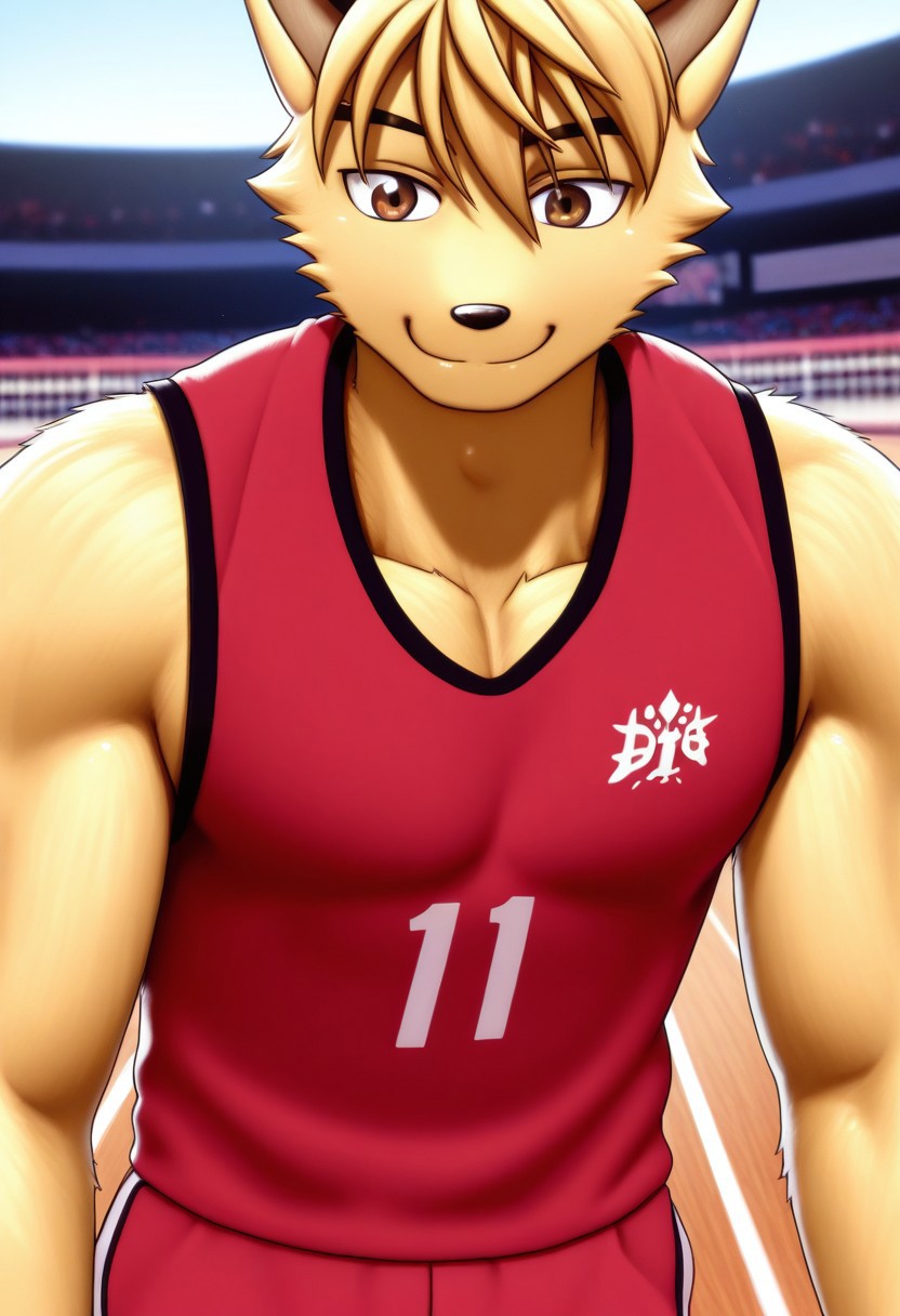 <lora:DanielDxO_ILLXL:1>, daniel, dingo, blond fur, blond hair, short hair, brown eyes, no humans, perfecteyes, furry male, furry, anthro, 1boy, solo, muscular, athletic build, large pectorals, beautiful, highres, absurdres, hyper-detailed, depth of field, very aesthetic, soft shading, photorealism, photorealistic, high sharpness, vibrant colors, dynamic angle, semi-realistic lighting, detailed background, basketball court, red tank top, red shorts, sportswear, face focus, close up, portrait, smile, ^_^