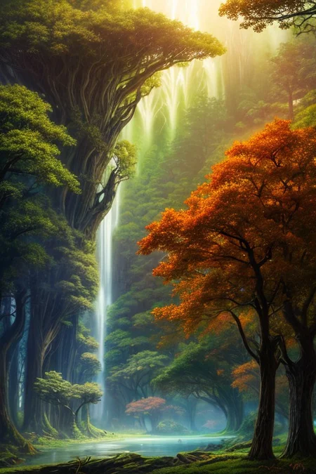 Surreal oil painting,
fantasy forest,giant trees,
an expansive ancient forest, featuring towering oaks, diverse wildlife, a variety of flora, and a feeling of grandeur,forest lake,waterfalls,
glowwave,
dawn,
thunderstorm, and many small clouds, and slightly cloudy,,,