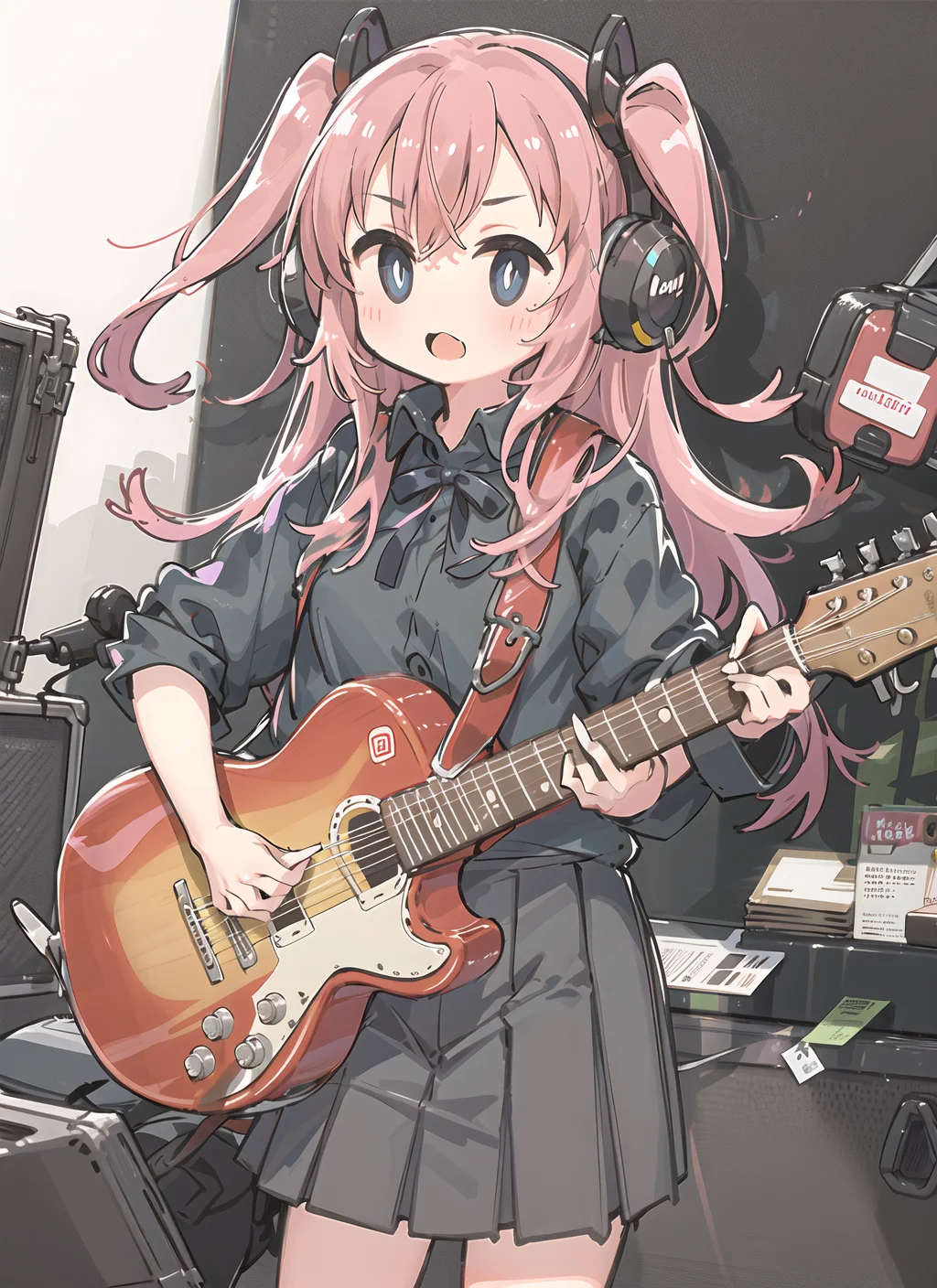 1girl, solo, black skirt, blue eyes, electric guitar, guitar, headphones, holding, holding plectrum, instrument, long hair, , music, one side up, pink hair, playing guiter, pleated skirt, black shirt, indoors ,bottichan2-8950
 <lora:moffmachi_style-LyCORIS-V3-000020:1>,