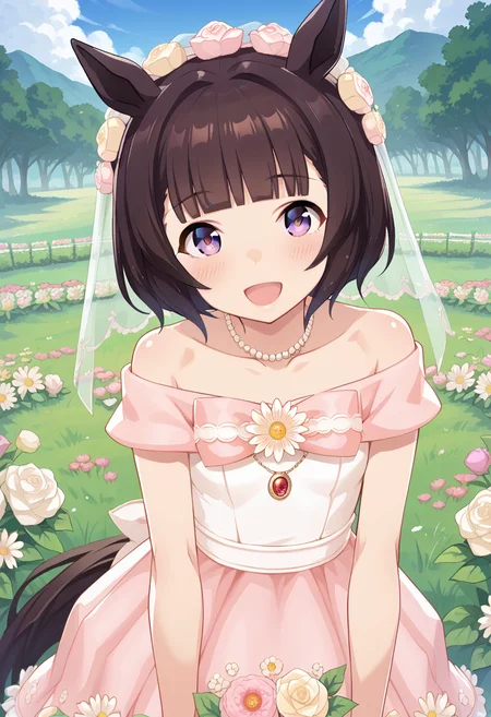score_9,score_8_up,score_7_up,masterpiece,best quality,absurdres,source_anime,rating_explicit,game cg,zPDXL3 BREAK 1girl,solo,<lora:Nishino_Flower_v1.3_Cibitai:0.8>,UMANF,horse ears,blunt bangs,short hair,brown hair,purple eyes,horse tail,DRE55,hair veil,hair flower ornament,happy,blush,flower field,
