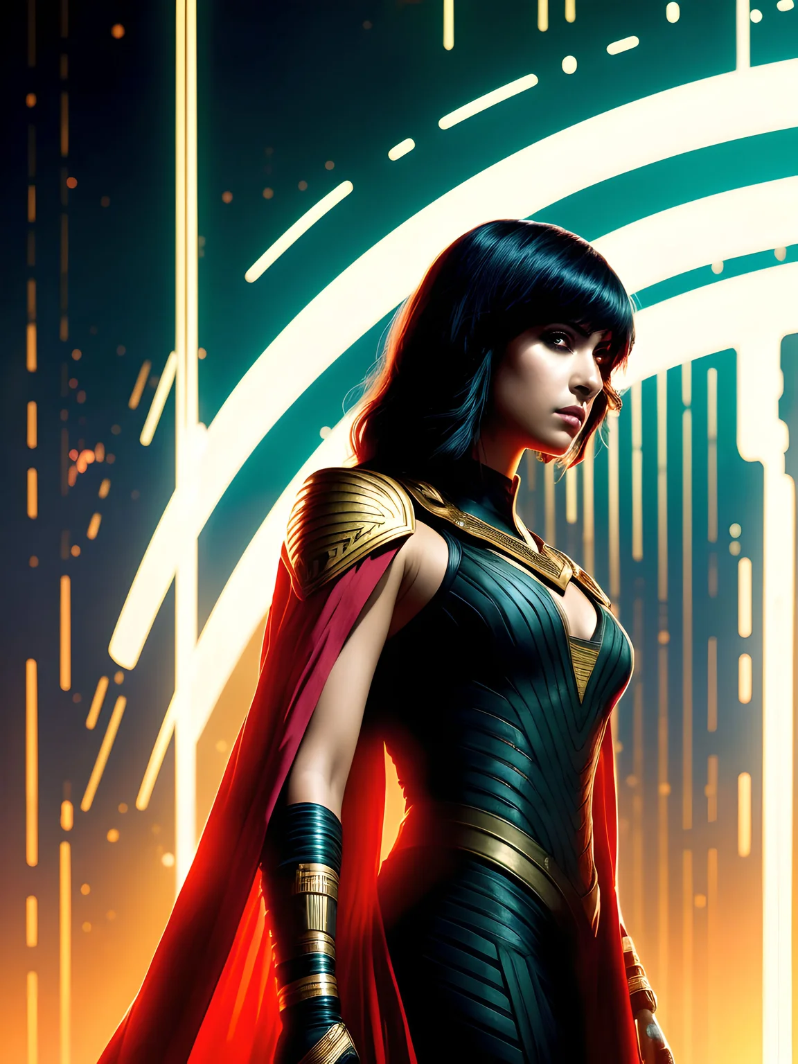 (extremely detailed CG unity 8k wallpaper), full shot body photo closeup portrait of a sexy beautiful female android in a scifi world, (backlighting), wearing intricate red robe, realistic, masterpiece, highest quality, ((sexy)), lens flare, ((light sparkles)), unreal engine, digital painting, Style-BladeRunner2049-8v, Style-Hamunaptra, HyperStylizeV6, trending on ArtStation, trending on CGSociety, Intricate, High Detail, dramatic, realism, beautiful and detailed lighting, shadows