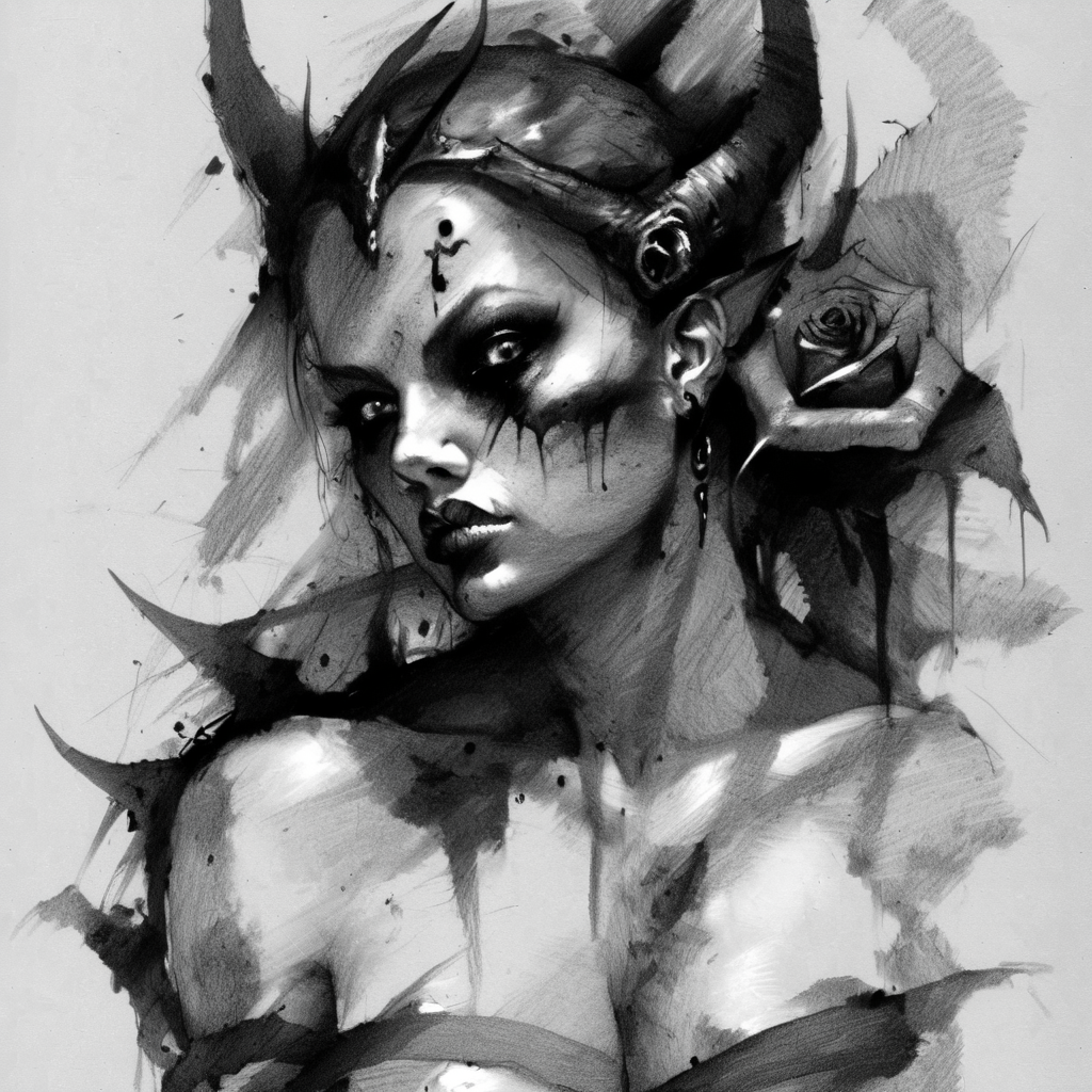drawix8 demon girl with a black rose on her chest, hell in the background, masterpiece, unusual expressive shot <lora:drawix8:1>