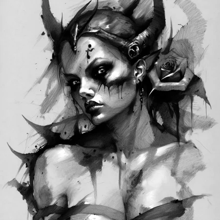 drawix8 demon girl with a black rose on her chest, hell in the background, masterpiece, unusual expressive shot <lora:drawix8:1>