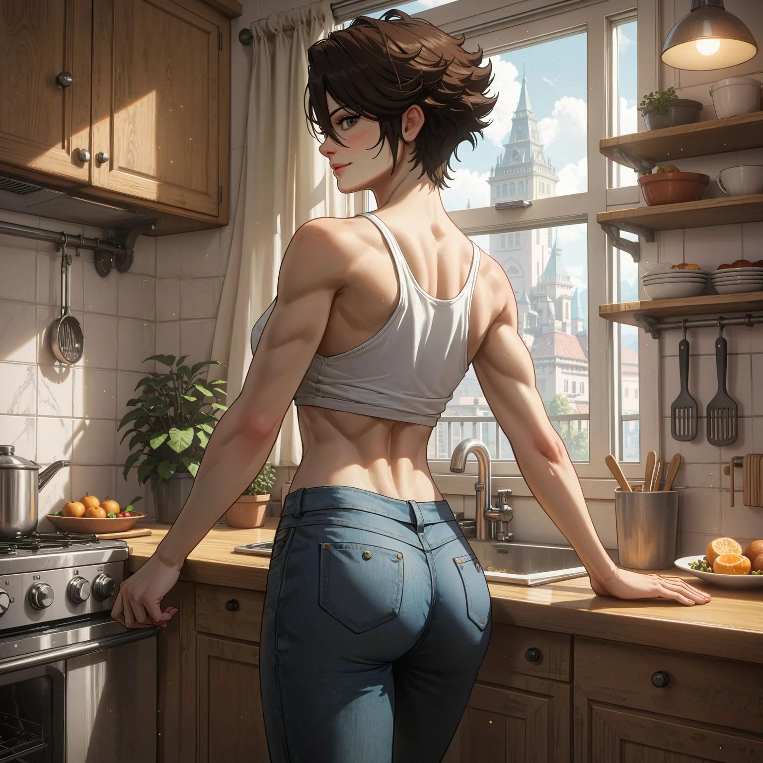 score_9, score_8_up, score_7_up, score_6_up, score_5_up, score_4_up, best quality, highly detailed, (masterpiece), 1girl, brown hair, grey eyes, eikotz, tomboy, short hair, medium breasts, fit, abs, blush, light smile, bedroom eyes, modern kitchen, white tank top, dark low-rise jeans, stainless steel appliances, dark granite countertops, back view, toned arms and shoulders, casual pose, minimalist design, seductive presence, tomboy charm, modern and intimate, solo focus, looking back, smile, <lora:Selftrained-Tests\Eiko-TerminatorZeroHighDimm:0.7>