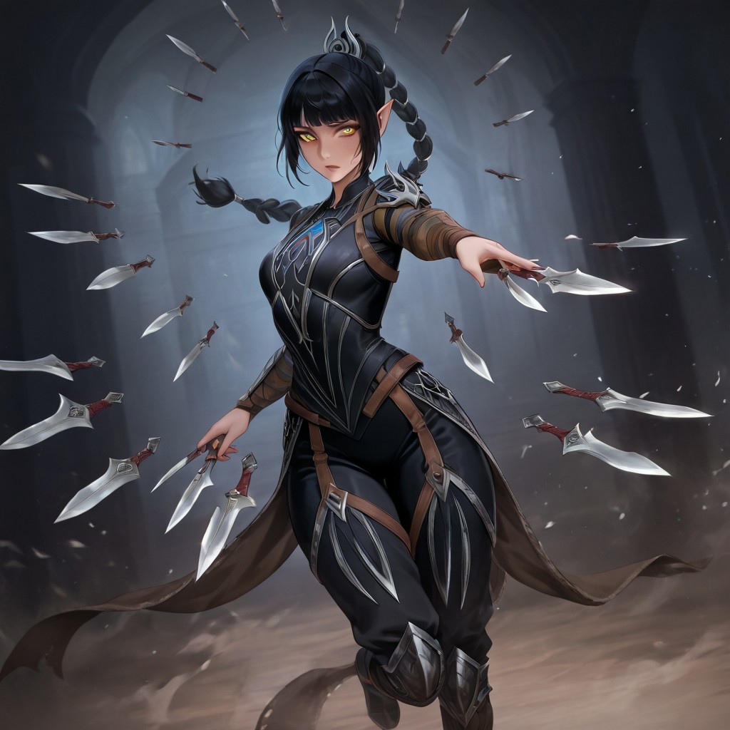 masterpiece, best quality, newest, absurdres, highres, 
anime, anime style, 
1girl, shadowheart \(baldur's gate\), long braid, elf, pointy ears, black hair, braid, side bangs,
KFV1.0, knife, throwing, throw, throwing knife, 
multiple knives, holding, holding knife, weapon, holding weapon, 
knives between fingers,