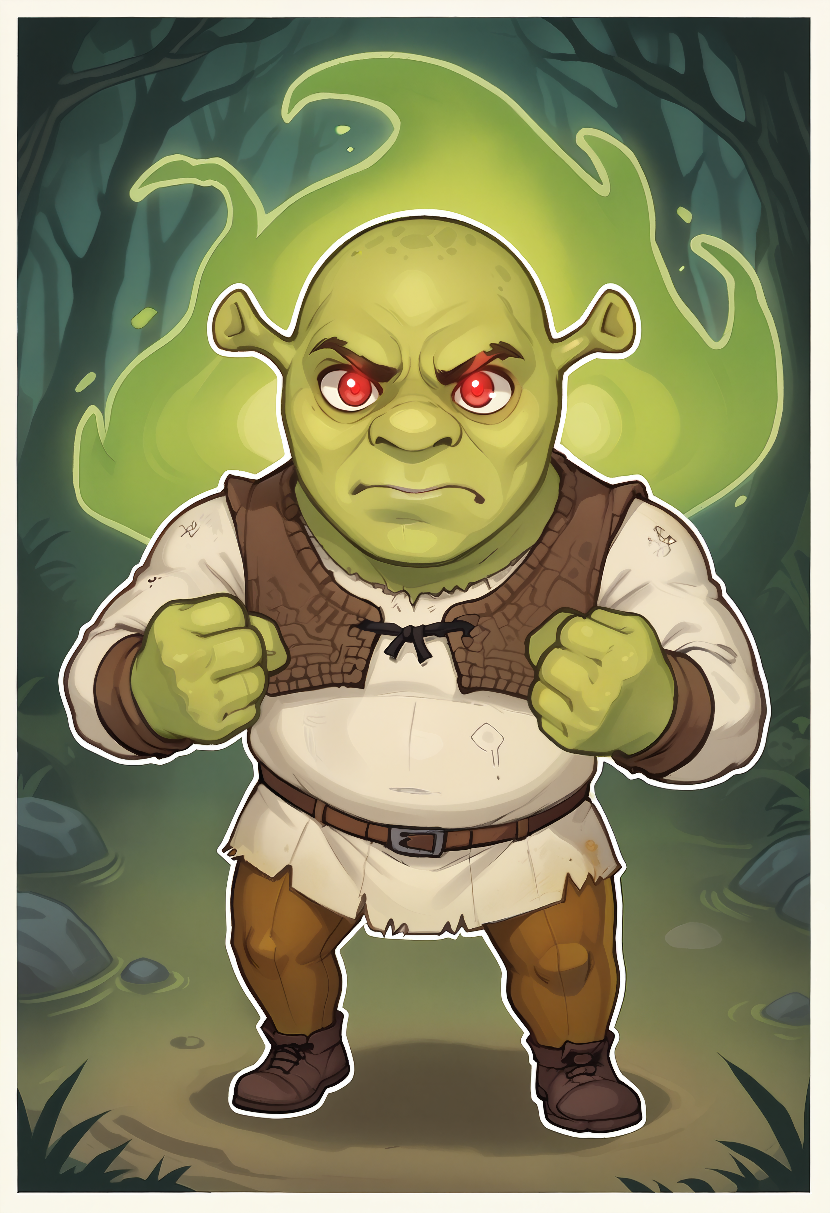 score_9, score_7_up BREAK solo,male focus, chibi,shrek, green skin,clenched hands,fighting stance,glowing eyes,swamp,outline,aura,energy,red eyes <lora:Shrek_XLPD:0.8>