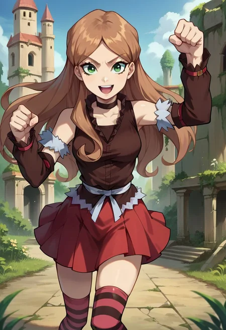 score_9, score_8_up, score_7_up, source_anime, <lora:Sophie_Casterwill-000009:0.8> Sophie Casterwill, 1girl, long hair, brown hair, green eyes, detached sleeves, choker, red skirt, striped legwear, thighhighs, happy, dynamic pose, outdoors, lush background, castle ruins, looking at viewer