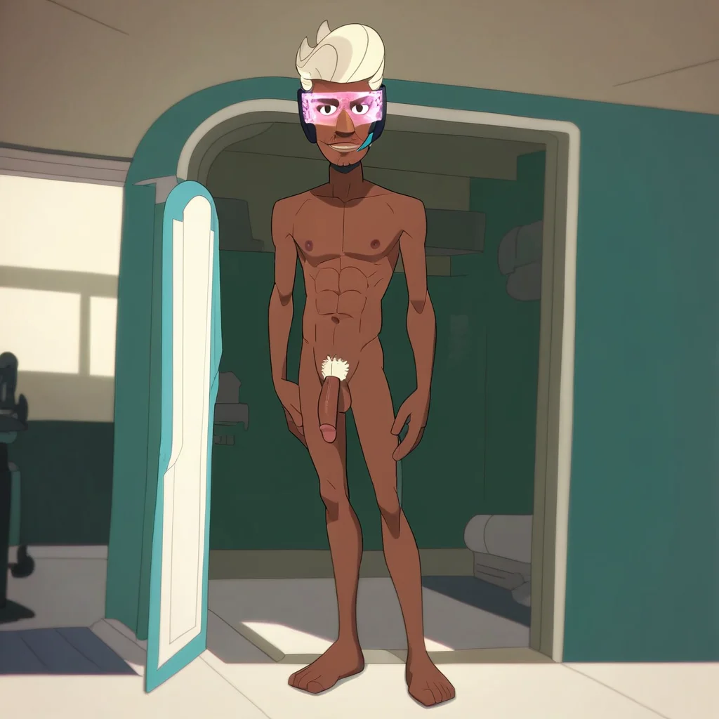 Mitch Williams, solo, 1boy, smile, dark-skinned male, dark skin, male focus, tinted eyewear, facial hair, black eyes, pubic hair, completely nude, abs, penis, balls, standing,  score_9, score_8_up, score_7_up, score_6_up <lora:vinceteaa_020_04v2-step00000400r:1> good face, good eyes, looking at viewer, full body,