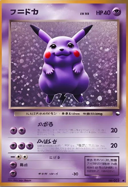 (psyc), detailed, pkmn, score_9, score_8_up, score_7_up, photo, absurdres, textbox, pkmkard, Futanari version of Pikachu, purple skin, smile, floating, arms spread out, elec