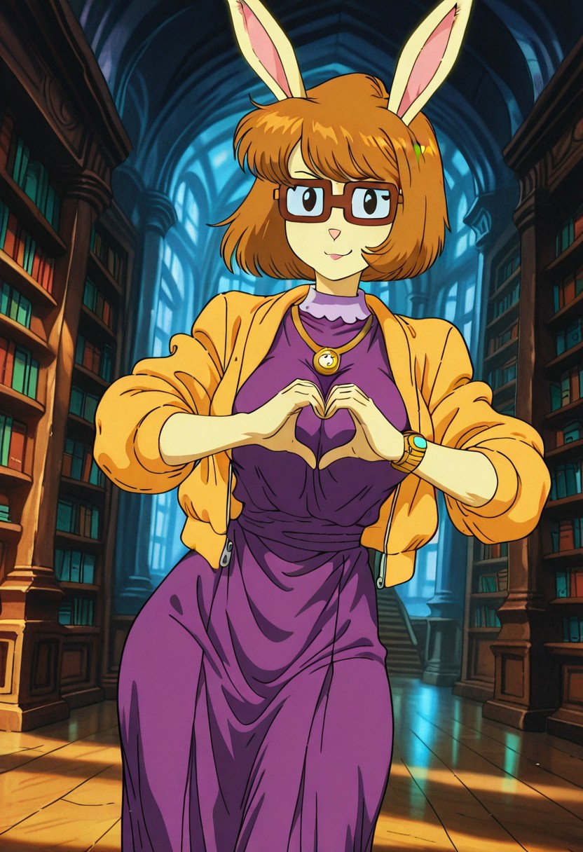 PaigeTurnerMS, 1girl, solo, furry female, anthro, short hair, brown hair, bob cut, bangs, rabbit ears, black eyes, brown square glasses, pink snout, pencil on her hair,  yellow jacket, gold necklace, white collar, purple dress, gold watch, bracelets, large breast, thick thighs, brown shoes,
,seductive pose, sexy pose, tease, 
masterpiece, best quality, fine details, intricate details, depth of field, subsurface scattering, bokeh,
 ultra-detailed, very aesthetic, detailed background, newest, scenery, highres, absurdres, colorful, vibrant, glowing, perfect face, 2d, perfect eyes,  vibrant saturated colors, volumetric lighting, sharp, detailed eyes, perfect anatomy,  perfect face, perfect eyes, mature body, clear eyes, beautiful eyes, athletic, curvy body, athletic girl, perky tits, perfect tits, round breasts, pinup pose, teasing, lustful expression, perfect hands, 
muscular female, dutch angle, 
library
,Smooth Negative, Smooth_Quality,
90s_anime_aesthetic, 1990s (style), dark_fantasy_style, dark fantasy, retro,, retro artstyle
