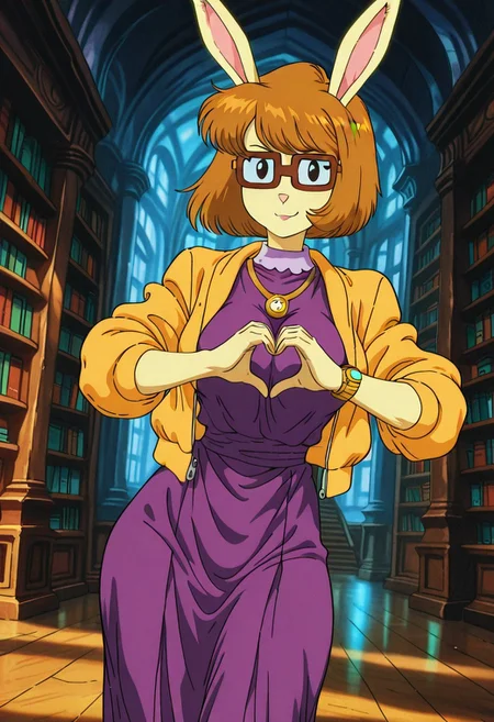 PaigeTurnerMS, 1girl, solo, furry female, anthro, short hair, brown hair, bob cut, bangs, rabbit ears, black eyes, brown square glasses, pink snout, pencil on her hair,  yellow jacket, gold necklace, white collar, purple dress, gold watch, bracelets, large breast, thick thighs, brown shoes,
,seductive pose, sexy pose, tease, 
masterpiece, best quality, fine details, intricate details, depth of field, subsurface scattering, bokeh,
 ultra-detailed, very aesthetic, detailed background, newest, scenery, highres, absurdres, colorful, vibrant, glowing, perfect face, 2d, perfect eyes,  vibrant saturated colors, volumetric lighting, sharp, detailed eyes, perfect anatomy,  perfect face, perfect eyes, mature body, clear eyes, beautiful eyes, athletic, curvy body, athletic girl, perky tits, perfect tits, round breasts, pinup pose, teasing, lustful expression, perfect hands, 
muscular female, dutch angle, 
library
,Smooth Negative, Smooth_Quality,
90s_anime_aesthetic, 1990s (style), dark_fantasy_style, dark fantasy, retro,, retro artstyle
