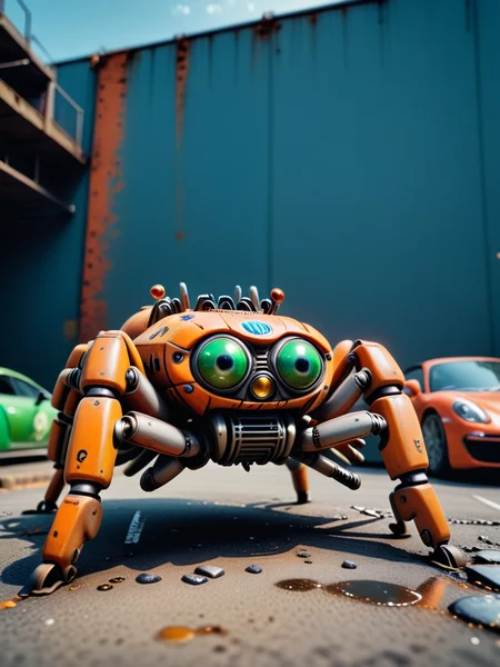[photo focus on  1 mecha car,  one-eye, spiderbot in background
 <lora:Robopop:0.75>, film, professional, 4k, highly detailed, absurdres, detailed, macro details, 8k, hyper realistic, texture surface details] logo in grafitti style font, key visual, hdr, simple background, by, form, orange green red blue theme