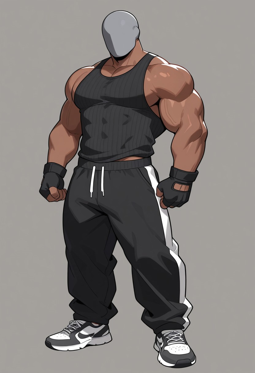 Dark skin, no horns, no face, grey head faceless, big muscle, male, bara, masked, gloves, gloves fingerless, amrs 1, pose 9, black ribbed tank shirt, black jogger sweatpants, no hood, no human, body front, full body, shose,